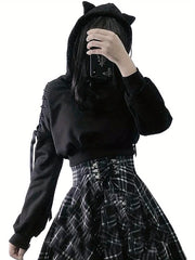 Womens Fashion Printing Sweatshirt Casual Bandage Long Sleeve Exposed Navel Hooded T-shirt