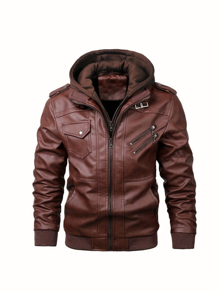 2907 Cross-Border New Double-Zipper Hooded Faux Leather Jacket Men'S Casual Fashion Motorcycle Jacket Men'S Korean Version Trendy Solid Color Coat Men