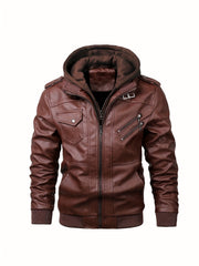 2907 Cross-Border New Double-Zipper Hooded Faux Leather Jacket Men'S Casual Fashion Motorcycle Jacket Men'S Korean Version Trendy Solid Color Coat Men