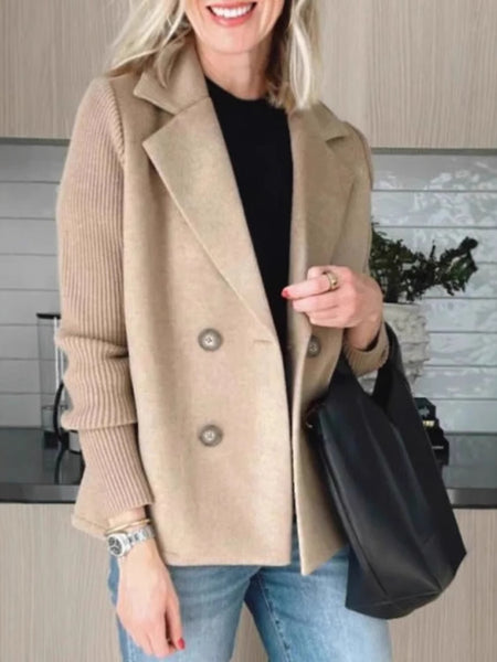 A Stylish And Sophisticated Patchwork Coat for Women, Designed with a Lapel Collar And Double-Breasted Closure, Featuring a Ribbed Texture. Perfect for Casual Autumn And Winter Outfits, Office Environments, And Social Events