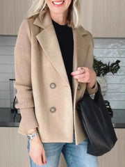 A Stylish And Sophisticated Patchwork Coat for Women, Designed with a Lapel Collar And Double-Breasted Closure, Featuring a Ribbed Texture. Perfect for Casual Autumn And Winter Outfits, Office Environments, And Social Events