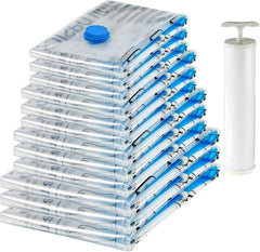 Amazon Basics Vacuum Compression Zipper Storage Bags with Airtight Valve and Hand Pump, Large, 5-Pack, Clear