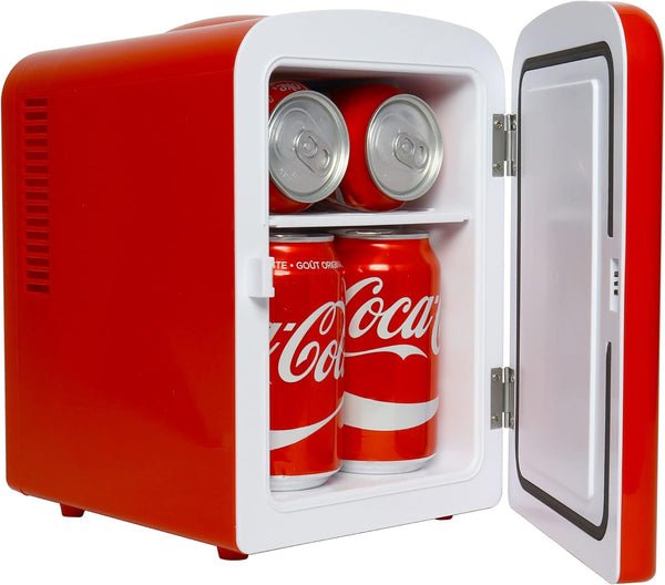 Coca Cola Classic Mini Fridge - Refrigerator for Bedroom Skincare Office, Portable Table Top Beverage Cooler, 12V DC/220V AC Refrigerador for Drinks, Soda, Wine, Use in Car, Dorm, Patio, 6 Can