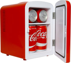 Coca Cola Classic Mini Fridge - Refrigerator for Bedroom Skincare Office, Portable Table Top Beverage Cooler, 12V DC/220V AC Refrigerador for Drinks, Soda, Wine, Use in Car, Dorm, Patio, 6 Can