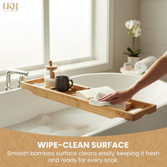 LKH Bamboo Wooden Bath Caddy Tray - Strong & Durable, Prevents Spills, & Water-Resistant Bathtub Tray for Across the Bath | Luxury Bath Shelf for Relaxation, Reading & Drinking - Gift Idea