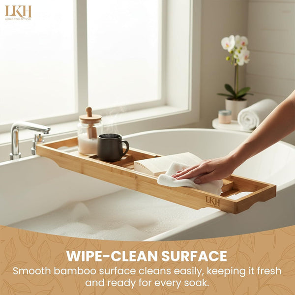 LKH Bamboo Wooden Bath Caddy Tray - Strong & Durable, Prevents Spills, & Water-Resistant Bathtub Tray for Across the Bath | Luxury Bath Shelf for Relaxation, Reading & Drinking - Gift Idea