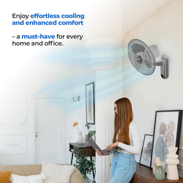 Schallen 16 Inch Wall Mounted Fan with Remote Control, Oscillating Cooling Fan 40cm, 3 Speed Settings, Timer Function, Quiet Wall Fan for Bedroom, Office, Kitchen, Garage, Home Cooling Fan UK, Adjustable Tilt Air Circulator, Energy Efficient Wall Fan Whit