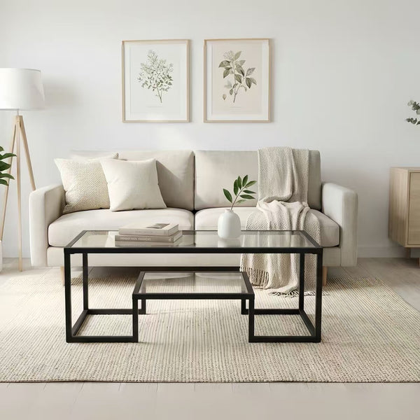 Alivio Modern Coffee Table with Metal Frame & Shelves Storage (Glass)