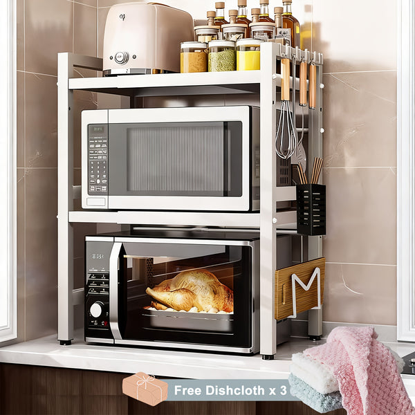 3-Tier Expandable Microwave Oven Rack with 6 Hooks And 3 Towel Racks, Includes a Chopstick Holder, Cutting Board Holder, Spice Rack, And Kitchen Storage Rack. Suitable for Kitchens, Offices, And Storage Rooms. Extends 40-64 Cm (Black, White)