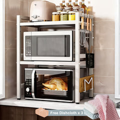 3-Tier Expandable Microwave Oven Rack with 6 Hooks And 3 Towel Racks, Includes a Chopstick Holder, Cutting Board Holder, Spice Rack, And Kitchen Storage Rack. Suitable for Kitchens, Offices, And Storage Rooms. Extends 40-64 Cm (Black, White)