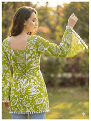 Estationeryhouse Cotton Printed Kurta Top, Long Sleeves, with White Tassels and Drawstring for Adjusting at Back