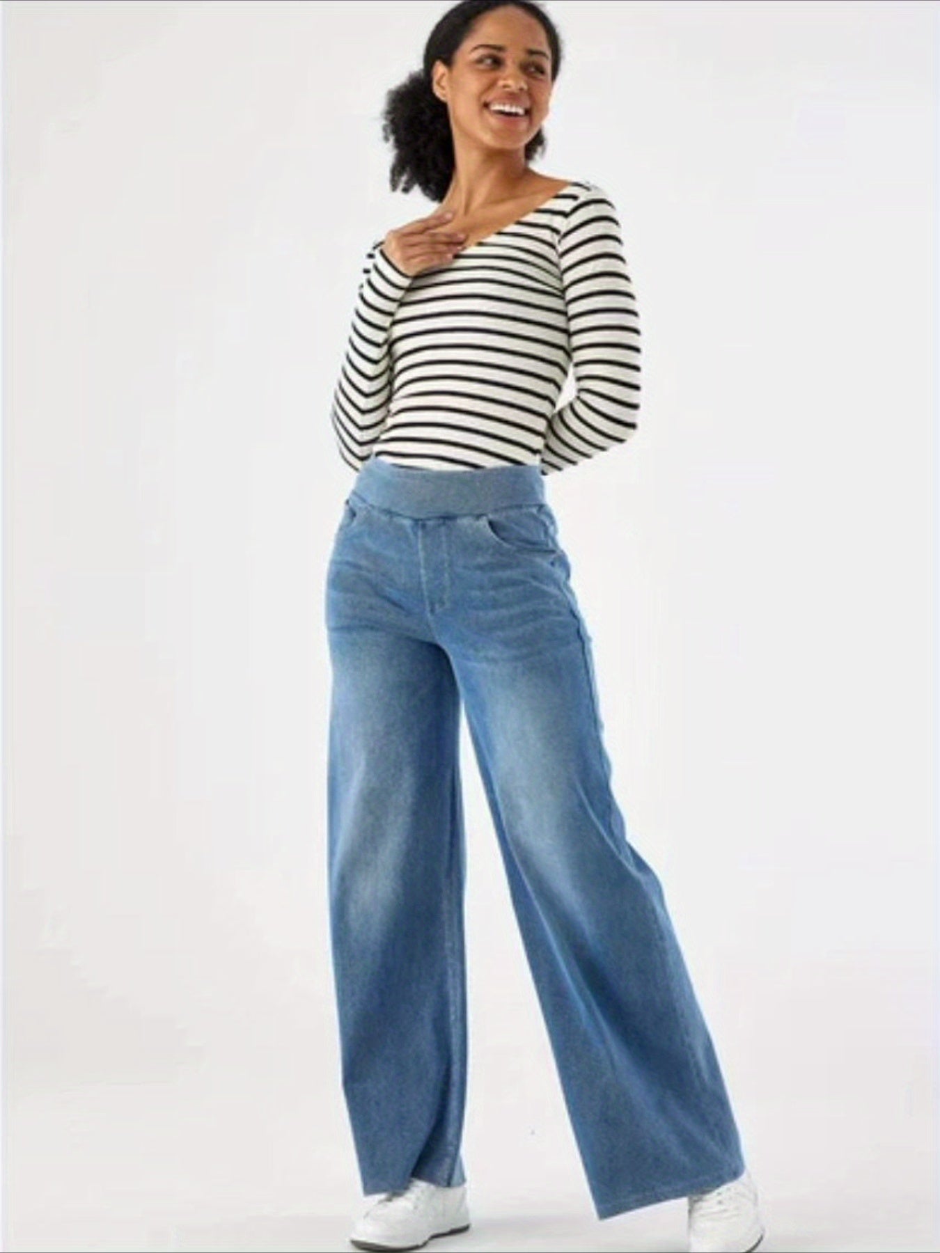 ' High Waisted Wide Jeans - Stretchy Pants with Multiple Pockets, -Washed - Casual Trousers for Jeanswear & Layering (Wide-Waisted Fit)