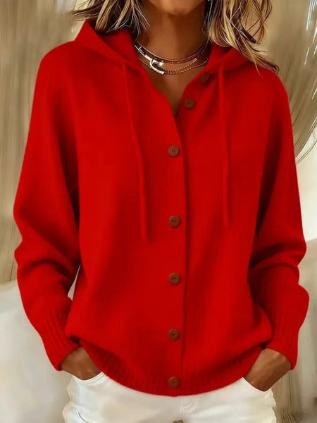 Drawstring Hooded Button Front Cardigan with Side Pockets