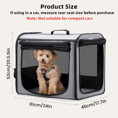 Dog Car Carrier Stable and Light Weight, 61×45×52Cm Dog Carrier for Cars, Portable Dog Car Crate with Breathable Windows, Foldable Pet Carrier for Both Indoor and Outdoor Use, Pet Travel Crate Grey