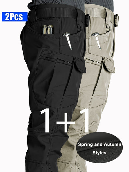 2pcs Men'S Tactical Cargo Pants, Multi-Pocket Casual Style, Elasticity Composite Fabric, Breathable, Suitable for Casual Outing, Hiking, Outdoor Sports, Worn by Middle-Aged And Elderly, Spring And Autumn Style (Belt Excluded)