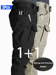2pcs Men'S Tactical Cargo Pants, Multi-Pocket Casual Style, Elasticity Composite Fabric, Breathable, Suitable for Casual Outing, Hiking, Outdoor Sports, Worn by Middle-Aged And Elderly, Spring And Autumn Style (Belt Excluded)