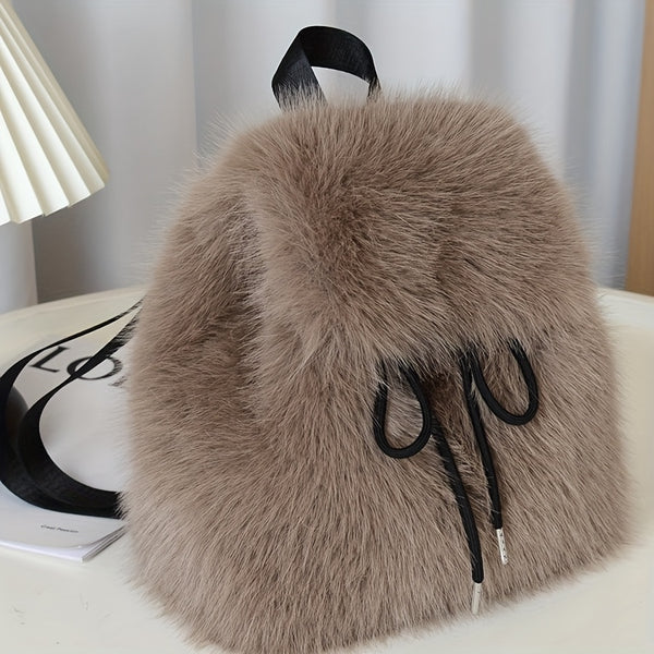 1pc Women's Plush Faux Fur Backpack - Soft Mini Daypack with Adjustable Drawstring Closure & Strap, Golden-Tone-like Black Tip (No-Washable) - Elegant White/Black Mini Bag for,, Travel - Faux-Fur Coat-Like Texture Purse, Bags For Women, Small Backpack For
