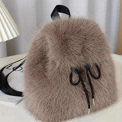 1pc Women's Plush Faux Fur Backpack - Soft Mini Daypack with Adjustable Drawstring Closure & Strap, Golden-Tone-like Black Tip (No-Washable) - Elegant White/Black Mini Bag for,, Travel - Faux-Fur Coat-Like Texture Purse, Bags For Women, Small Backpack For