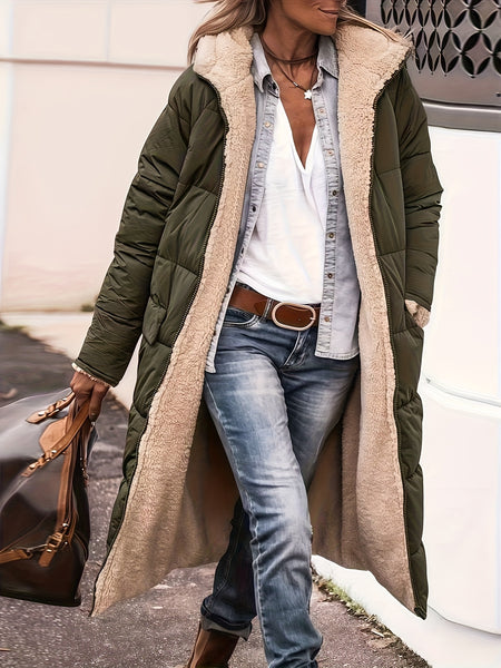 Winter New Women's Double-Sided Raglan Sleeve Hooded Jacket, Outdoor Street Style Casual Autumn Winter Long Warm Windproof Fashion Solid Color Slim Long Sleeve Padded Coat