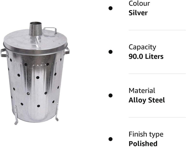 Trendi 90 Litre Extra Large 90L Galvanised Metal Incinerator Recycle Garden Rubbish Fire Wood Burner Burning Leaves