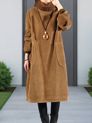 Women'S Elegant Corduroy Dress - Long Sleeve Turtleneck Loose Fit Winter Warm Dress with Pockets, Solid Color (Navy/) - Cozy Fall/Winter