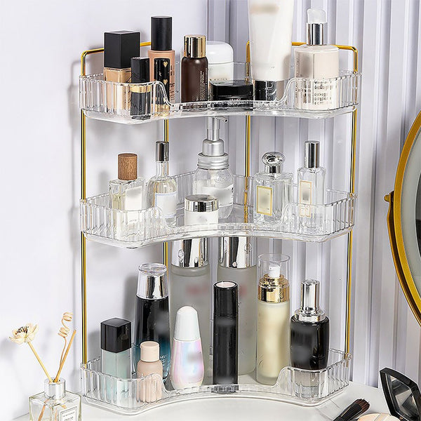 Transparent Triangular Storage Rack Golden Multi-layer, Cosmetic Layered Organizer Design, Suitable for Vanity Bedroom Bathroom, Corner Space Utilization Storage Skincare Products