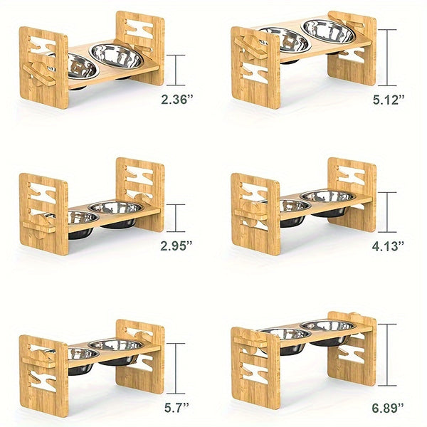 Stainless Steel Double Bowl Feeding Station with Non-Slip Bamboo Base - Ergonomic Design for Easy Access, Perfect for Dogs and Cats, Pet Feeding Station, Pet Food Storage, Modern Petware, Durable Petware
