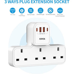 FDTEK 3 Gang Plug Adapter Featuring a 4 USB Extension Socket (Including 2 USB-C), Equipped with Surge Protection And Child Safety, Suitable for Phones, Tablets, And Use in Homes Or Offices, with a Capacity of 13A 3250W