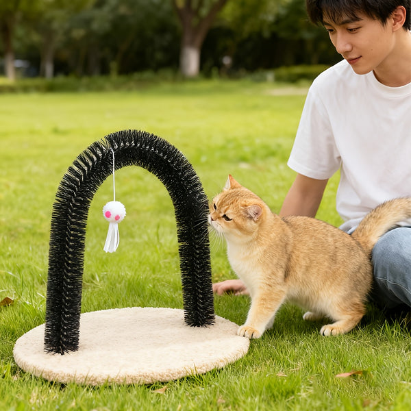 4-in-1 Multifunctional Pet Toy Cat Arch Scratcher Beauty Container and Massager Toy Pet Cat Scratching Board Toy Fur Grooming Brush Cat Arch Scratcher Irresistible Grooming Brush and Scratching Toy