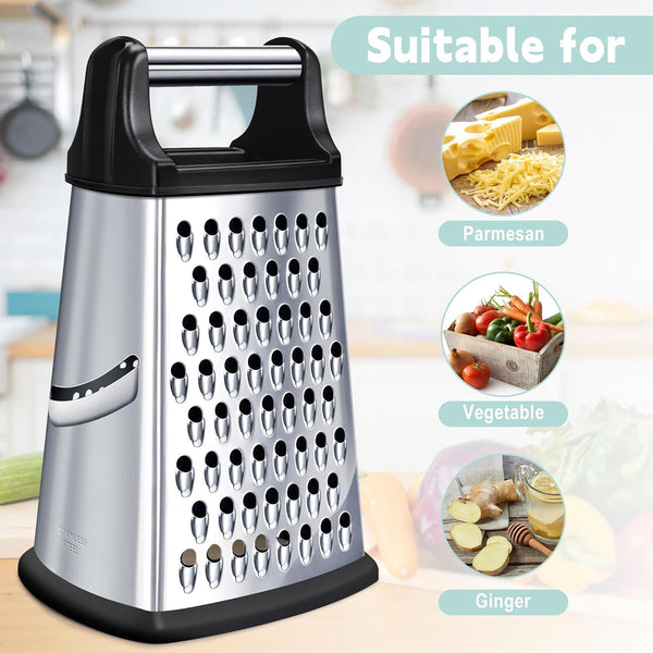 Envenzo Grater with Integrated Container 4-Sided Stainless Steel Graters for Parmesan Cheese, Lemon, Vegetables for Kitchen