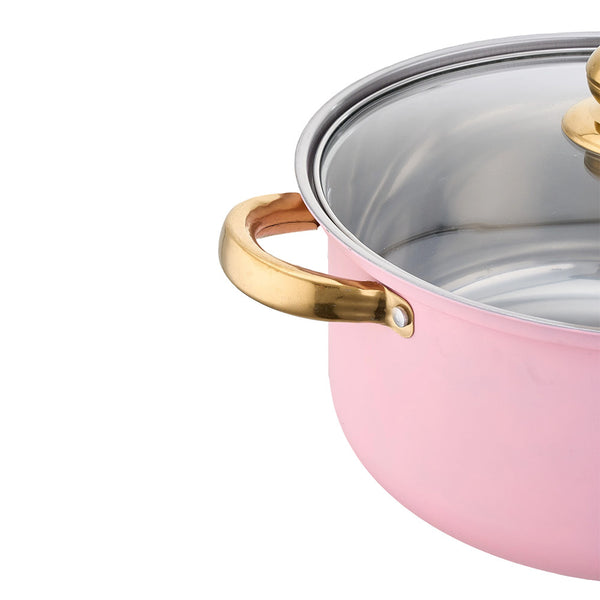 Stainless Steel Soup Pot Set (10PCS), Household Milk and Boiling Pots in Multiple Sizes, Ideal for Soup, Noodles and Hot Pot, Gold-Plated Handle, Pink