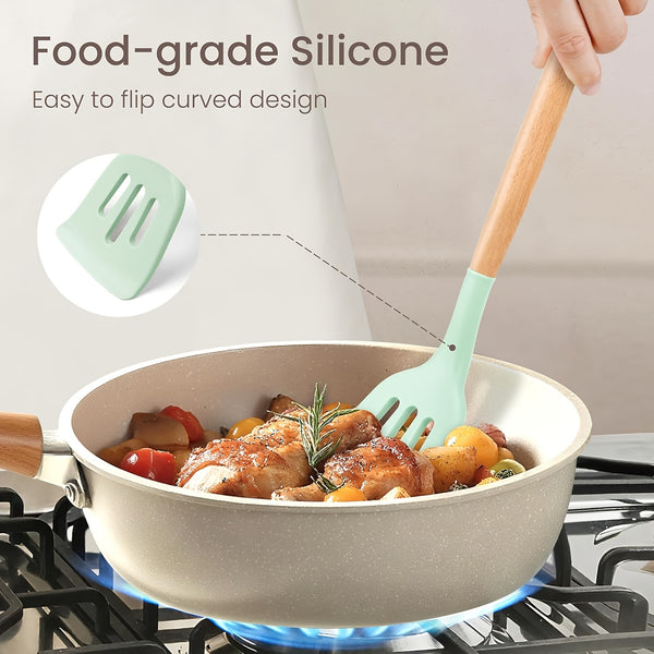 12pcs/22pcs/30pcs/37pcs, Kitchen Utensils Set, Kitchen Cooking Utensils Set, Spoon, Spatula, 446F Heat Resistant Non Stick Food Grade Silicone And Wooden Handles, Measuring Cups And Spoons, S Hooks