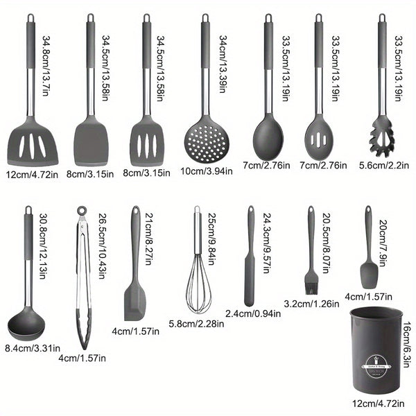 15pcs Silicone Kitchen Utensil Set with Wooden Handles - Non-Stick, Includes Stainless Steel Grater & Bottle Opener, Perfect for Cooking, Baking & Holiday Celebrations.