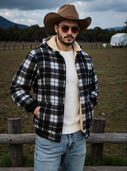 Men's Heavyweight -Lined Hooded Jacket - Full-Zip Plaid Thickened Shirt with Pockets and Adjustable Drawstring, Comfortable and Warm for Autumn and Winter