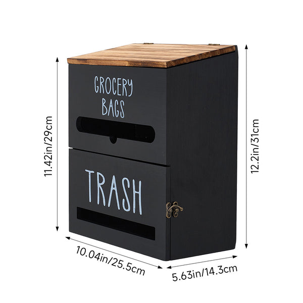 White/Black Two-Tier Wooden Trash Bag Storage Box Trash Bag Holder, Kitchen Plastic Wrap & Bag Organizer with Lid, Large Capacity Hanging Storage Container, Household Storage Accessories