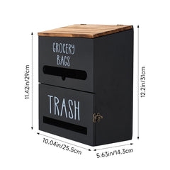 White/Black Two-Tier Wooden Trash Bag Storage Box Trash Bag Holder, Kitchen Plastic Wrap & Bag Organizer with Lid, Large Capacity Hanging Storage Container, Household Storage Accessories