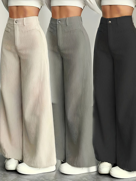 Cat Ear Orientation MS25072820 Women'S High-Waisted Wide-Leg Pants - Corduroy Texture Casual Trousers, All-Season Comfort, Machine Washable Beige Pants Three-Piece Set