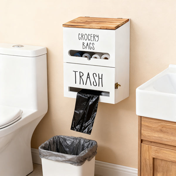 White/Black Two-Tier Wooden Trash Bag Storage Box Trash Bag Holder, Kitchen Plastic Wrap & Bag Organizer with Lid, Large Capacity Hanging Storage Container, Household Storage Accessories