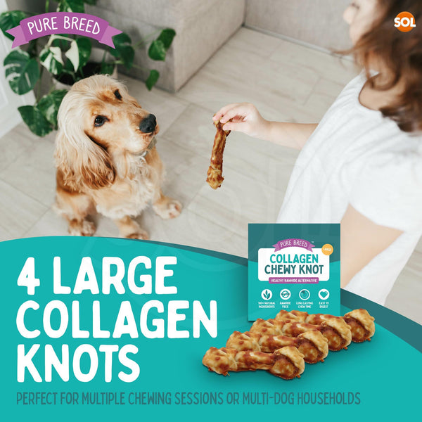 Pure Breed Large Collagen Dog Chewy Knots 4 Pack | Rawhide-Free Chicken Dog Treats | Long-Lasting Collagen Chews for Large Dogs | Healthy, Easy to Digest Holiday Pet Snacks | High-Protein Dog Gift