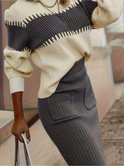 Chic Women's Ribbed Two-Piece Set: Color Block Sweater& Midi Skirt- Comfortable, Shaping Casual Wear for Fashion-Forward Ladies