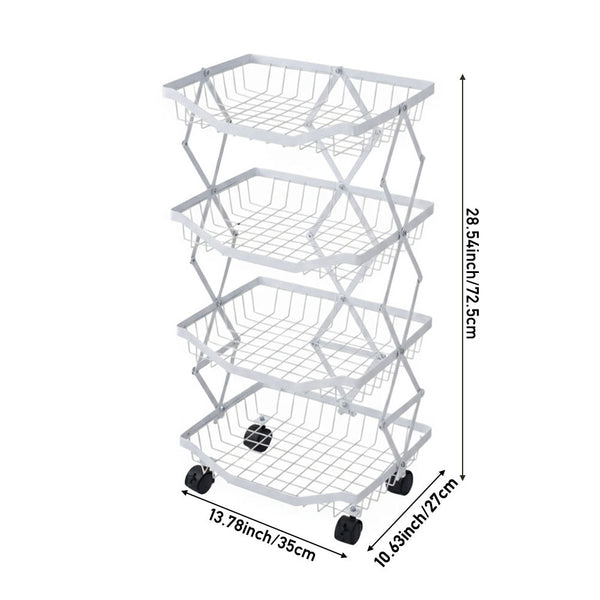 Foldable Kitchen Organizer Cart with 360° Rotating & Multi-Tier Shelves, Large Capacity Metal Vegetable Cart & Organiser - Portable, Space-Saving Storage for Pantry, Utility Room & Kitchen