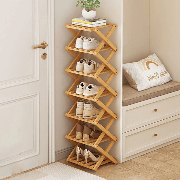 4/5/6/7 Tiers Bamboo Wooden Shoe Rack, Vertical Shoe Racks Storage Shelves Tall Shoe Tower, Collapsible Narrow Shoe Stand, Installation Free Folding X-Shape Shoe Racks Sneakers Slippers Holder Organizer, Multi Functional Shoe Rack Durable Footwear Cabinet
