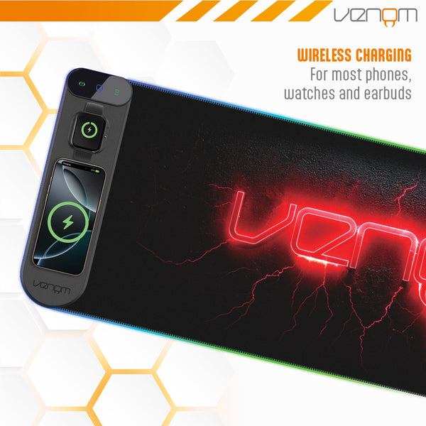 Venom RGB Gaming Desk Mat with Wireless Charging, USB-C & USB-A Ports, 800 x 300 mm Extended Mouse Pad for PC & Console Gaming