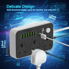 Hulker Power Strips with USB Ports 3 Way Outlets 6 USB Ports Power Socket with 2m Bold Extension Cord Smart USB Charger UK Socket/  Socket