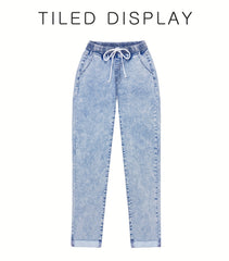 Ladies' 2026 New Elastic Waist Drawstring Slim-Fit Nine-Point Jeans, Acid-Washed Light Blue Rolled Hem Straight-Leg Denim Pants, Elegant Women'S Clothing, Tapered Pants Suitable for All Seasons, Pocketed Mom Jeans