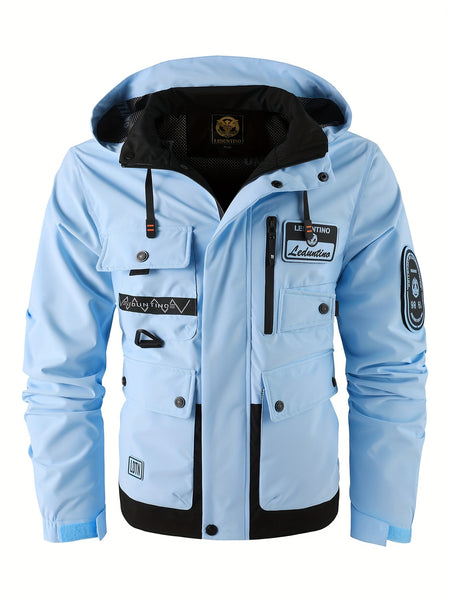 Men's Fashion New Jacket Men's Spring Autumn Thin Casual Multi-Pocket Outdoor High Quality Jacket Coat Men Detachable Hood Outdoor Trendy Design Waist Double Pocket Jacket