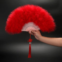 New Feather Folding Fan for Women - Elegant Green Down Feather Hand Fan with Tassel, 30.48cm Compact Foldable Design, 50.8cm Wide for Weddings, Dance, Costume Parties & Special Events, Dance Props, Traditional Costume Fan, Soft Feather Texture