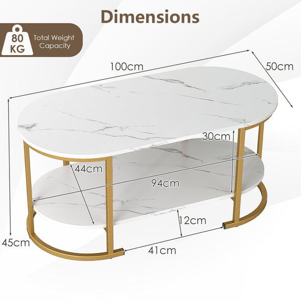 GYMAX White Faux Marble Coffee Table, 2-Tier Modern Oval Center Table with Open Storage Shelf, Gold Metal Frame Cocktail Table for Living Room, Bedroom