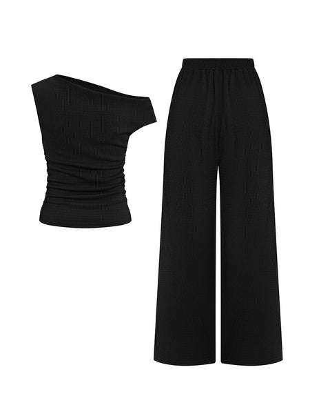 KatchMe Women's 2-Piece Outfit - Sloping Shoulder Top & Wide Leg Pants Set, Shirred Detail Matching Coord, Minimalist Solid Color Two Piece