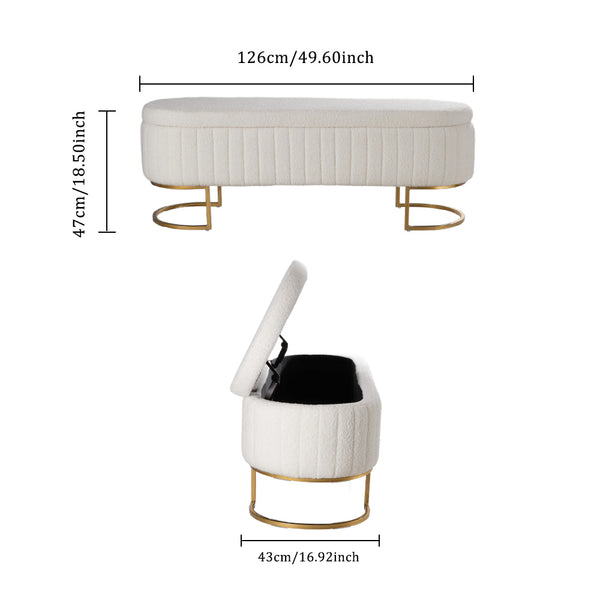 1pc Ottoman Storage Box Bench, Upholstered Teddy Fabric End of Bed Bench, Bedroom Bench Bed End Stool Footstools with Golden Metal Legs, For Bedroom, Living Room, Entryway